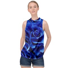 Blue Roses Flowers Plant Romance Blossom Bloom Nature Flora Petals High Neck Satin Top by Bedest