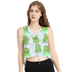 Cute Green Frogs Seamless Pattern V-neck Cropped Tank Top by Bedest