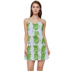 Cute Green Frogs Seamless Pattern Short Frill Dress by Bedest