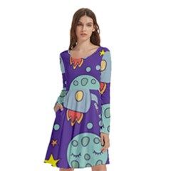 Card With Lovely Planets Long Sleeve Knee Length Skater Dress With Pockets by Bedest