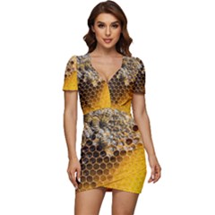 Honeycomb With Bees Low Cut Cap Sleeve Mini Dress by Bedest