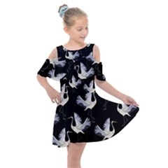 Crane Pattern Bird Animal Kids  Shoulder Cutout Chiffon Dress by Bedest