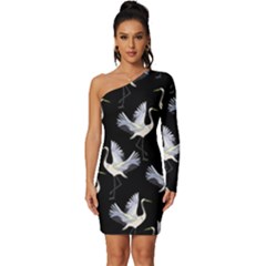 Crane Pattern Bird Animal Long Sleeve One Shoulder Mini Dress by Bedest