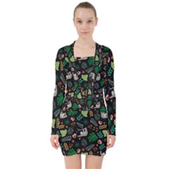 Floral Pattern With Plants Sloth Flowers Black Backdrop V-neck Bodycon Long Sleeve Dress by Bedest