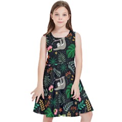 Floral Pattern With Plants Sloth Flowers Black Backdrop Kids  Skater Dress by Bedest