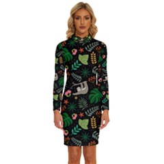 Floral Pattern With Plants Sloth Flowers Black Backdrop Long Sleeve Shirt Collar Bodycon Dress by Bedest