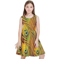 Peacock Feathers Green Yellow Kids  Skater Dress by Bedest