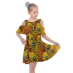 Peacock Feathers Green Yellow Kids  Shoulder Cutout Chiffon Dress by Bedest