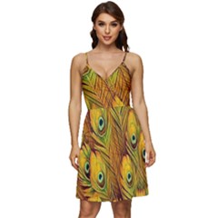 Peacock Feathers Green Yellow V-neck Pocket Summer Dress  by Bedest