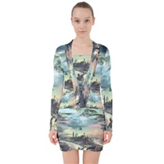 Psychedelic Art V-neck Bodycon Long Sleeve Dress by Bedest