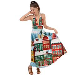 Christmas Background Design House Backless Maxi Beach Dress by Proyonanggan