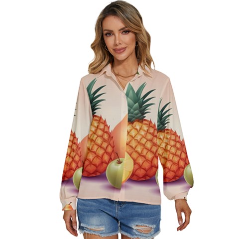 Fruit Pattern Apple Abstract Food Women s Long Sleeve Button Up Shirt by Proyonanggan