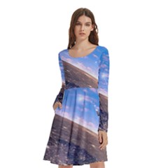 Earth Blue Galaxy Sky Space Long Sleeve Knee Length Skater Dress With Pockets by Cemarart