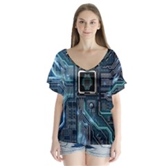 Circuit Board Motherboard V-neck Flutter Sleeve Top by Cemarart