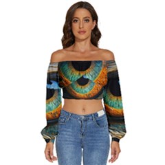 Eye Bird Feathers Vibrant Long Sleeve Crinkled Weave Crop Top by Hannah976