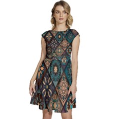 Flower Texture Background Colorful Pattern Cap Sleeve High Waist Dress by Cemarart