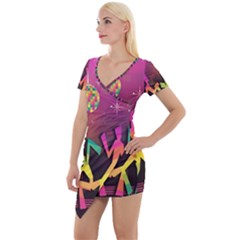 Dancing Colorful Disco Short Sleeve Asymmetric Mini Dress by Bajindul