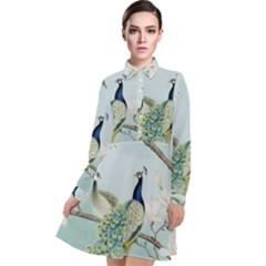 Couple Peacock Bird Spring White Blue Art Magnolia Fantasy Flower Long Sleeve Chiffon Shirt Dress by Ndabl3x