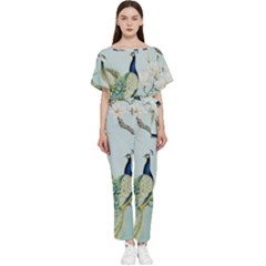 Couple Peacock Bird Spring White Blue Art Magnolia Fantasy Flower Batwing Lightweight Chiffon Jumpsuit by Ndabl3x