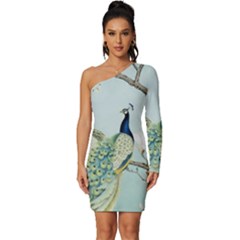 Couple Peacock Bird Spring White Blue Art Magnolia Fantasy Flower Long Sleeve One Shoulder Mini Dress by Ndabl3x