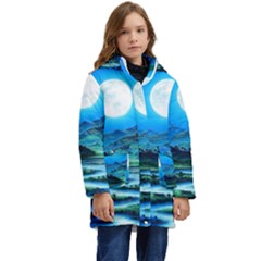 Bright Full Moon Painting Landscapes Scenery Nature Kids  Hooded Longline Puffer Jacket by Ndabl3x