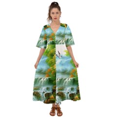 Paradise Forest Painting Bird Deer Waterfalls Kimono Sleeve Boho Dress by Ndabl3x