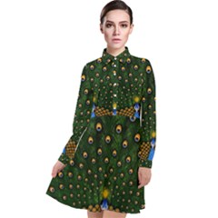 Peacock Feathers Tail Green Beautiful Bird Long Sleeve Chiffon Shirt Dress by Ndabl3x