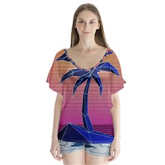 Abstract 3d Art Holiday Island Palm Tree Pink Purple Summer Sunset Water V-neck Flutter Sleeve Top by Cemarart