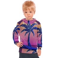 Abstract 3d Art Holiday Island Palm Tree Pink Purple Summer Sunset Water Kids  Hooded Pullover by Cemarart