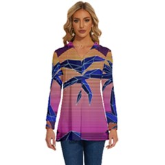 Abstract 3d Art Holiday Island Palm Tree Pink Purple Summer Sunset Water Long Sleeve Drawstring Hooded Top by Cemarart