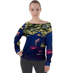 Koi Fish Carp Off Shoulder Long Sleeve Velour Top by Cemarart