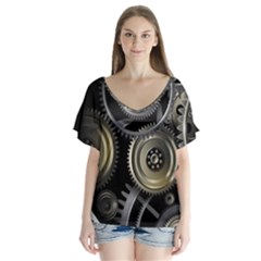 Abstract Style Gears Gold Silver V-neck Flutter Sleeve Top by Cemarart