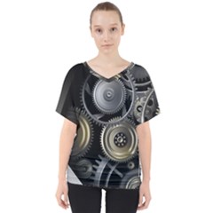 Abstract Style Gears Gold Silver V-neck Dolman Drape Top by Cemarart