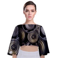 Abstract Style Gears Gold Silver Tie Back Butterfly Sleeve Chiffon Top by Cemarart