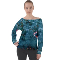 Fish Koi Carp Off Shoulder Long Sleeve Velour Top by Cemarart