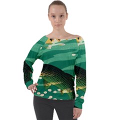 Japanese Koi Fish Off Shoulder Long Sleeve Velour Top by Cemarart