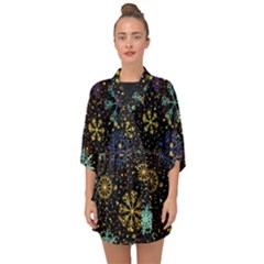 Gold Teal Snowflakes Half Sleeve Chiffon Kimono by Grandong