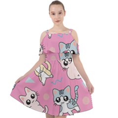 Cute Animal Little Cat Seamless Pattern Cut Out Shoulders Chiffon Dress by Grandong