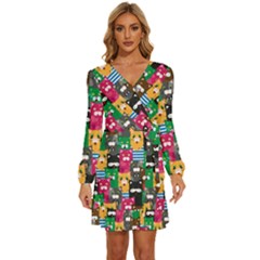 Cat Funny Colorful Pattern Long Sleeve Waist Tie Ruffle Velvet Dress by Grandong