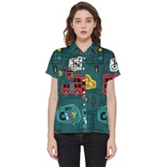 Seamless Pattern Hand Drawn With Vehicles Buildings Road Short Sleeve Pocket Shirt by Grandong