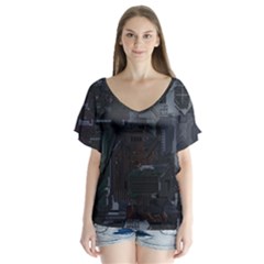 Abstract Tech Computer Motherboard Technology V-neck Flutter Sleeve Top by Cemarart