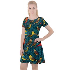 Bird Pattern Colorful Cap Sleeve Velour Dress  by Cemarart