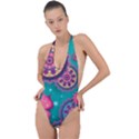 Floral Pattern Abstract Colorful Flow Oriental Spring Summer Backless Halter One Piece Swimsuit View1