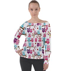 Owl Pattern Off Shoulder Long Sleeve Velour Top by Cemarart