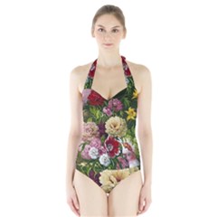 Parrot Painting Flower Art Halter Swimsuit by Cemarart