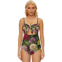 Parrot Painting Flower Art Knot Front One-piece Swimsuit by Cemarart