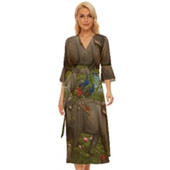 Jungle Of Happiness Painting Peacock Elephant Midsummer Wrap Dress by Cemarart