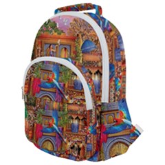 Arabian Street Art Colorful Peacock Tiger Man Parrot Horse Dancer Fantasy Rounded Multi Pocket Backpack by Cemarart