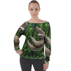 Sloth In Jungle Art Animal Fantasy Off Shoulder Long Sleeve Velour Top by Cemarart