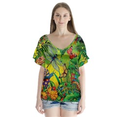 The Chameleon Colorful Mushroom Jungle Flower Insect Summer Dragonfly V-neck Flutter Sleeve Top by Cemarart